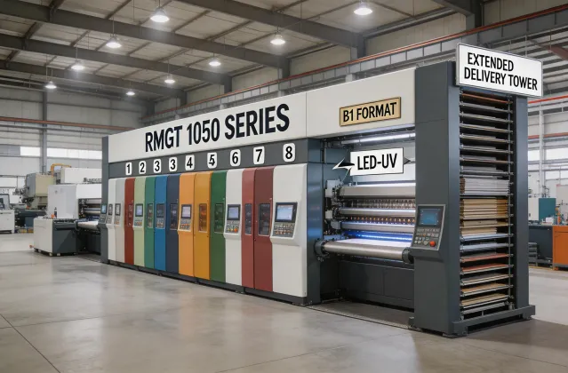 RMGT 1050 B1 format sheetfed offset press with extended delivery tower