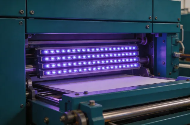 LED-UV curing lamp array above a sheetfed offset delivery